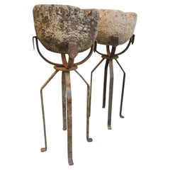 Pair of 19th Century Carved Stone Planters on Wrought Iron Stands