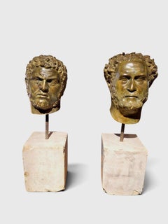 Pair of l Patinated Bronze Roman Emperor Heads on Marble Pedestals, Italy, 1950s