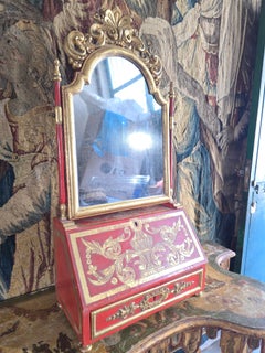 18th Century European Red Lacquer Dressing Table and Writing Desk with Mirror an