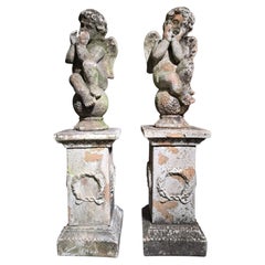 Pair of 19th Century Italian Terracotta Cherub Sculptures on Pedestals, 110 cm H