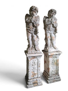 Pair of Monumental 19th Century Italian Terracotta Musical Cherubs on Pedestals