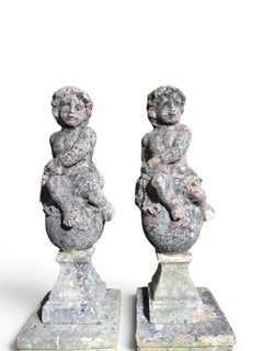 Pair of Monumental 19th Century Italian Terracotta Cherub Sculptures with Pedest