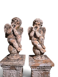 Pair of 19th Century Italian Terracotta Cherub Sculptures on Pedestals, 115 cm H