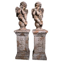 Pair of 19th Century Italian Terracotta Cherub Sculptures on Pedestals, 115 cm H