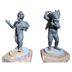 Pair of 19th Century Italian Grand Tour Bronze Putti with Goose and Dolphin on M