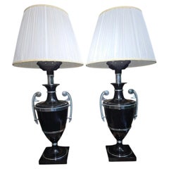Pair of Early 20th Century Art Deco Black Painted Metal Lamps with Chrome Handle