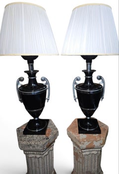Pair of Early 20th Century Art Deco Black Painted Metal Lamps with Chrome Handle
