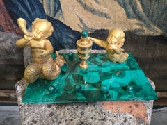 19th Century Italian Malachite and Ormolu Inkwell with Cupid and Mermaid, Mythol