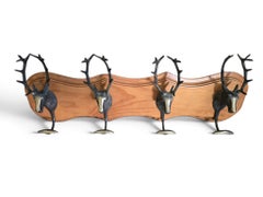 Vintage Spanish Hunting-Themed Wall Coat Rack with Four Bronze Stag Heads, circa
