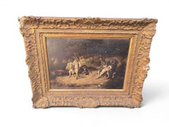19th Century Oil on Panel Painting, The Rabbit Duel Anthropomorphic Animal