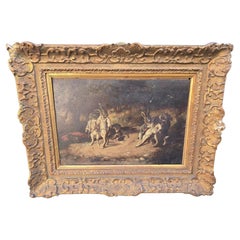 19th Century Oil on Panel Painting, The Rabbit Duel Anthropomorphic Animal