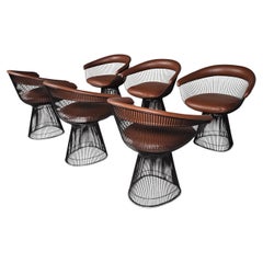 Warren Platner dining chairs in bronze and brown leather, Knoll International