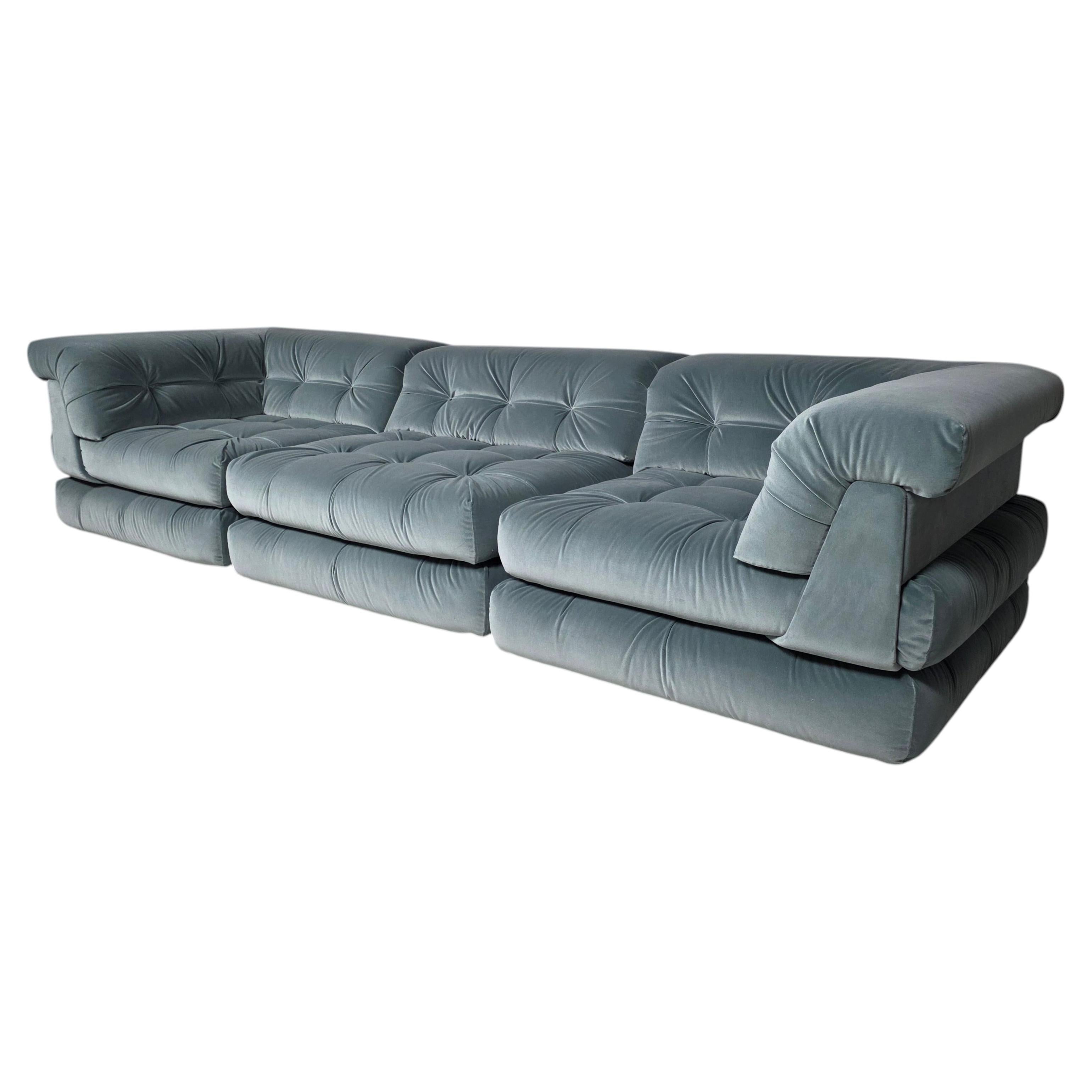 Mah Jong sofa in iced blue cotton velvet  by Roche Bobois, France, 1970s