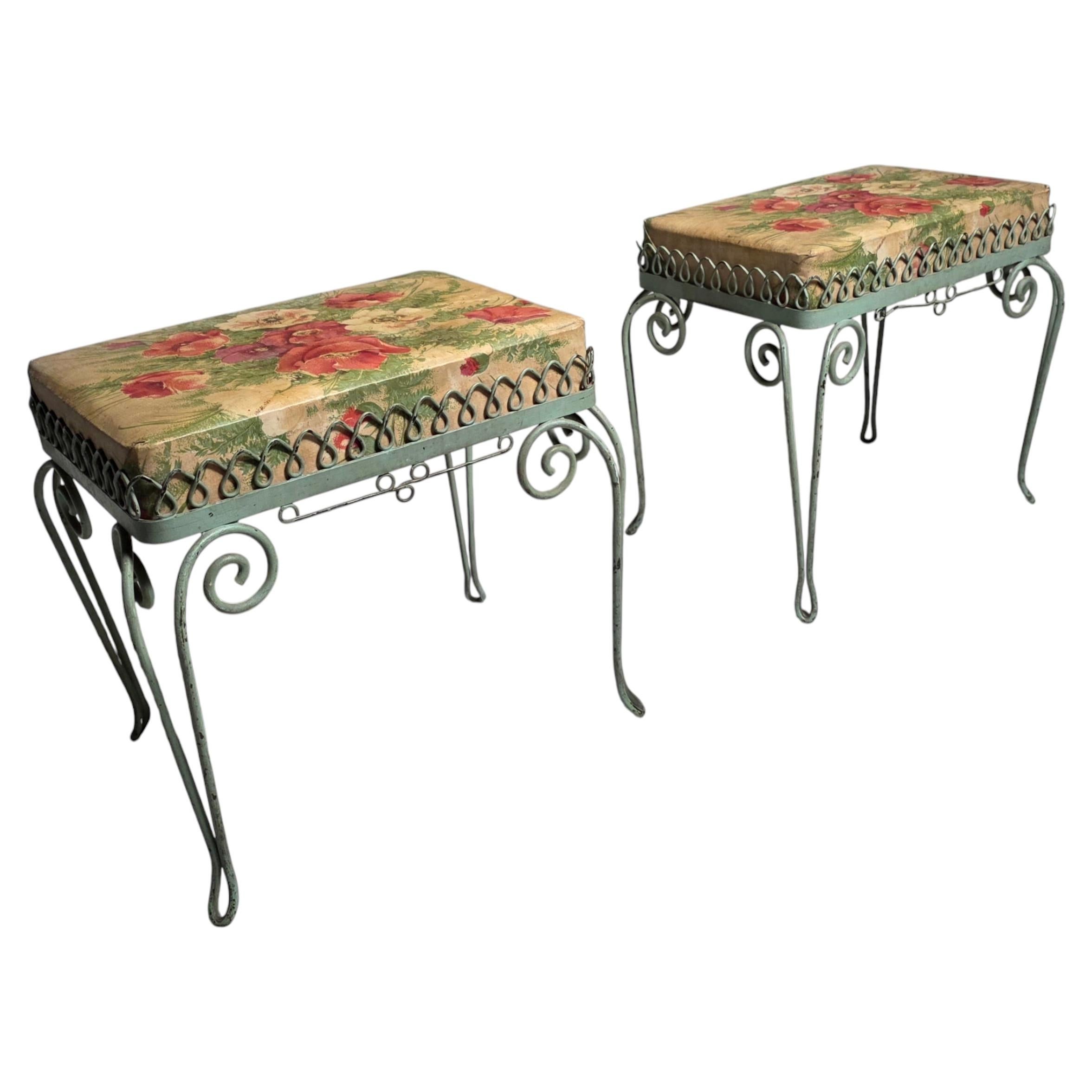 Pair of Italian Wrought Iron Stools with Floral Upholstery, 1950s