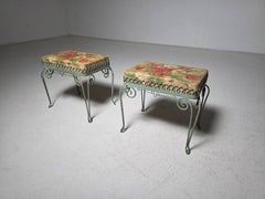 Pair of Italian Wrought Iron Stools with Floral Upholstery, 1950s