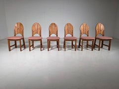 Set of Six Soft Pink Velvet Scandinavian Pine Dining Chairs, Sweden, 1970s