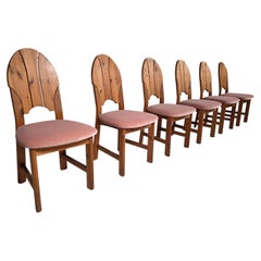 Set of Six Soft Pink Velvet Scandinavian Pine Dining Chairs, Sweden, 1970s