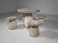 French Concrete Mushroom Garden Table with Four Stools, 1970s