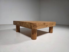French Solid Pine Coffee Table with Cylindrical Legs, 1970s