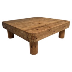 French Solid Pine Coffee Table with Cylindrical Legs, 1970s