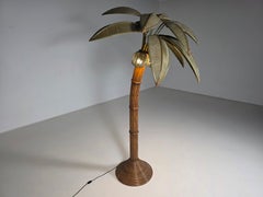 Large Italian Hollywood Regency Bamboo and Rattan Palm Tree Floor Lamp, 1970s