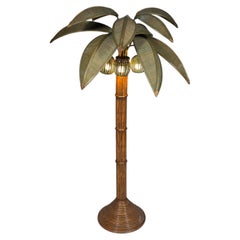 Large Italian Hollywood Regency Bamboo and Rattan Palm Tree Floor Lamp, 1970s