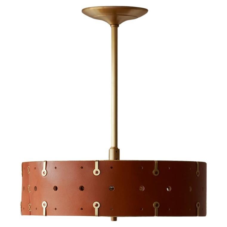 Modern Satin Brass Sarah Ceiling Pendant in Tan Leather 14" For Sale