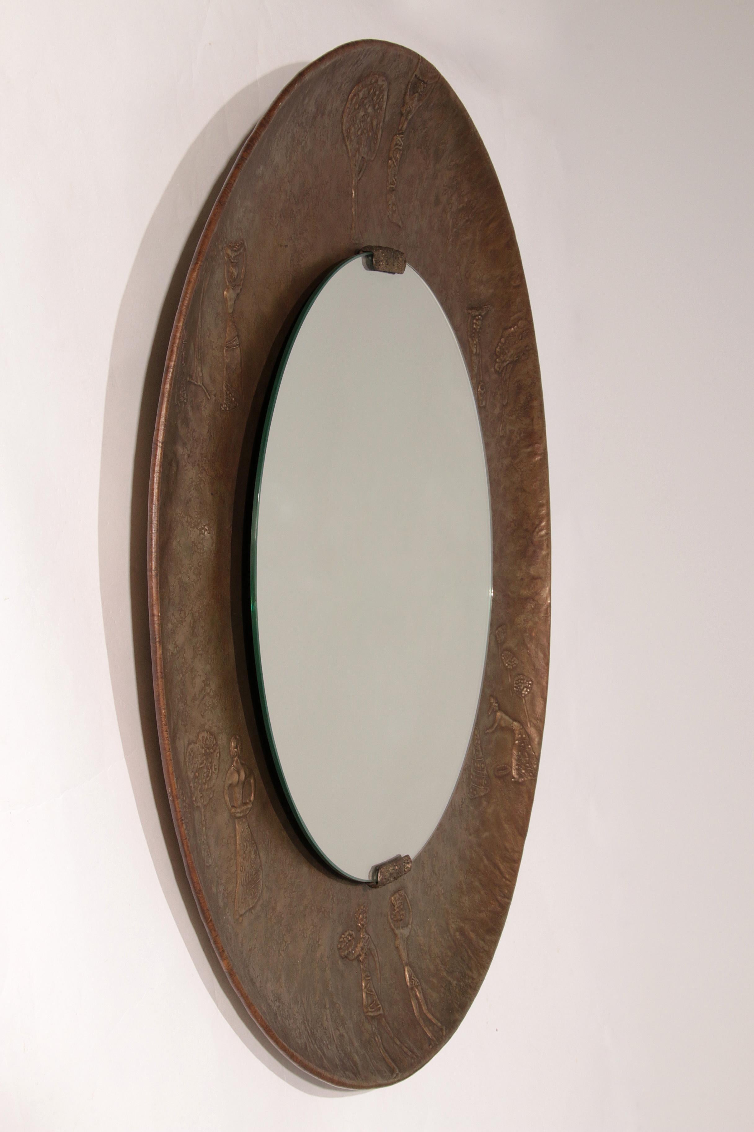 Brutalist Sculptural Hammered Copper Mirror Attributed to Angelo Bragalini