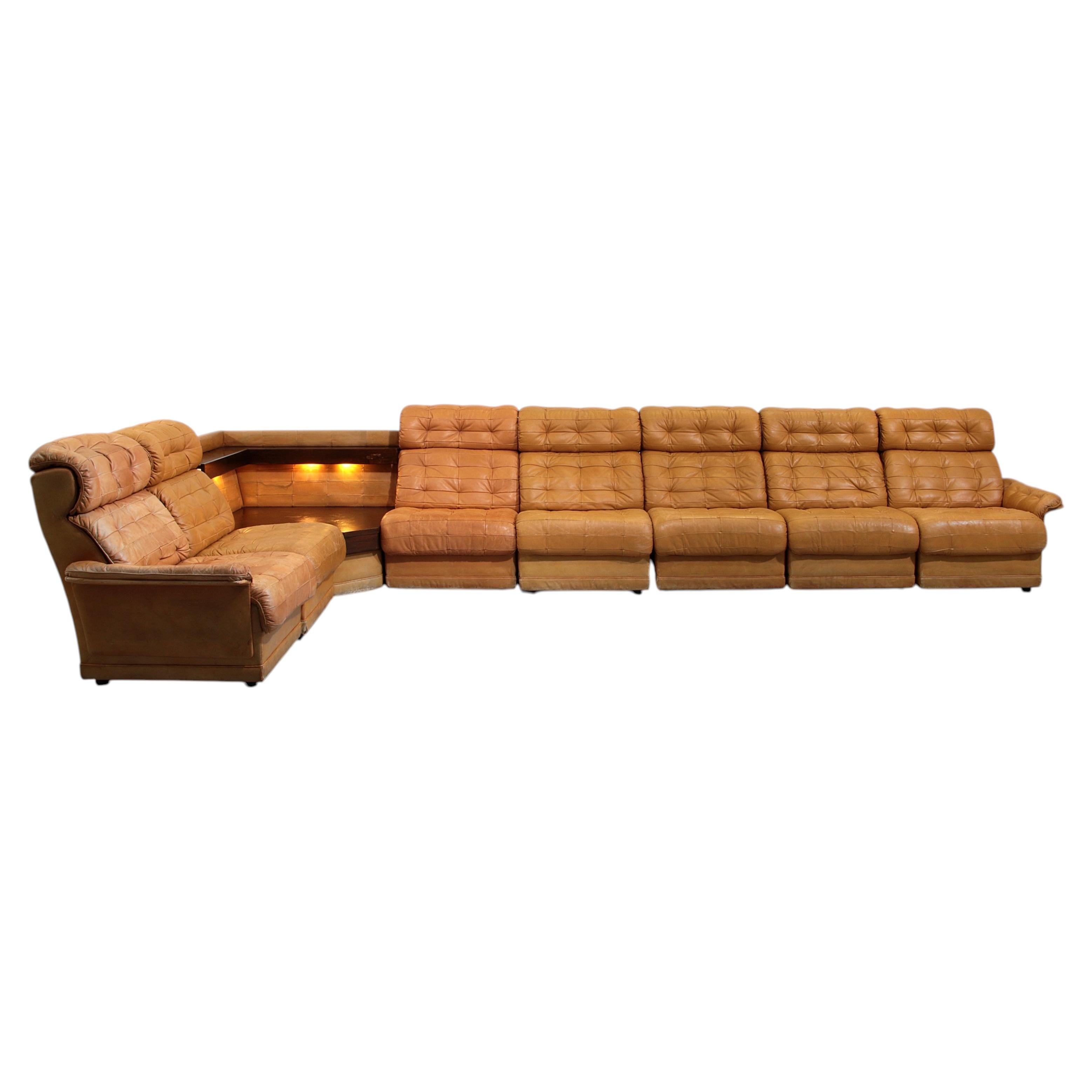 Conjunto modular de sofá de cuero coñac de los años 70, diseño vintage, siete piezas en venta