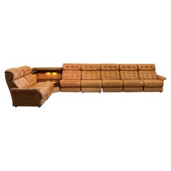 Modular 1970s Cognac Leather Sofa Set, Vintage Design, Seven Pieces