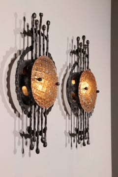 Pair of wrought iron and murano glass wall lights by Tom Ahlström & Hans Ehrich.