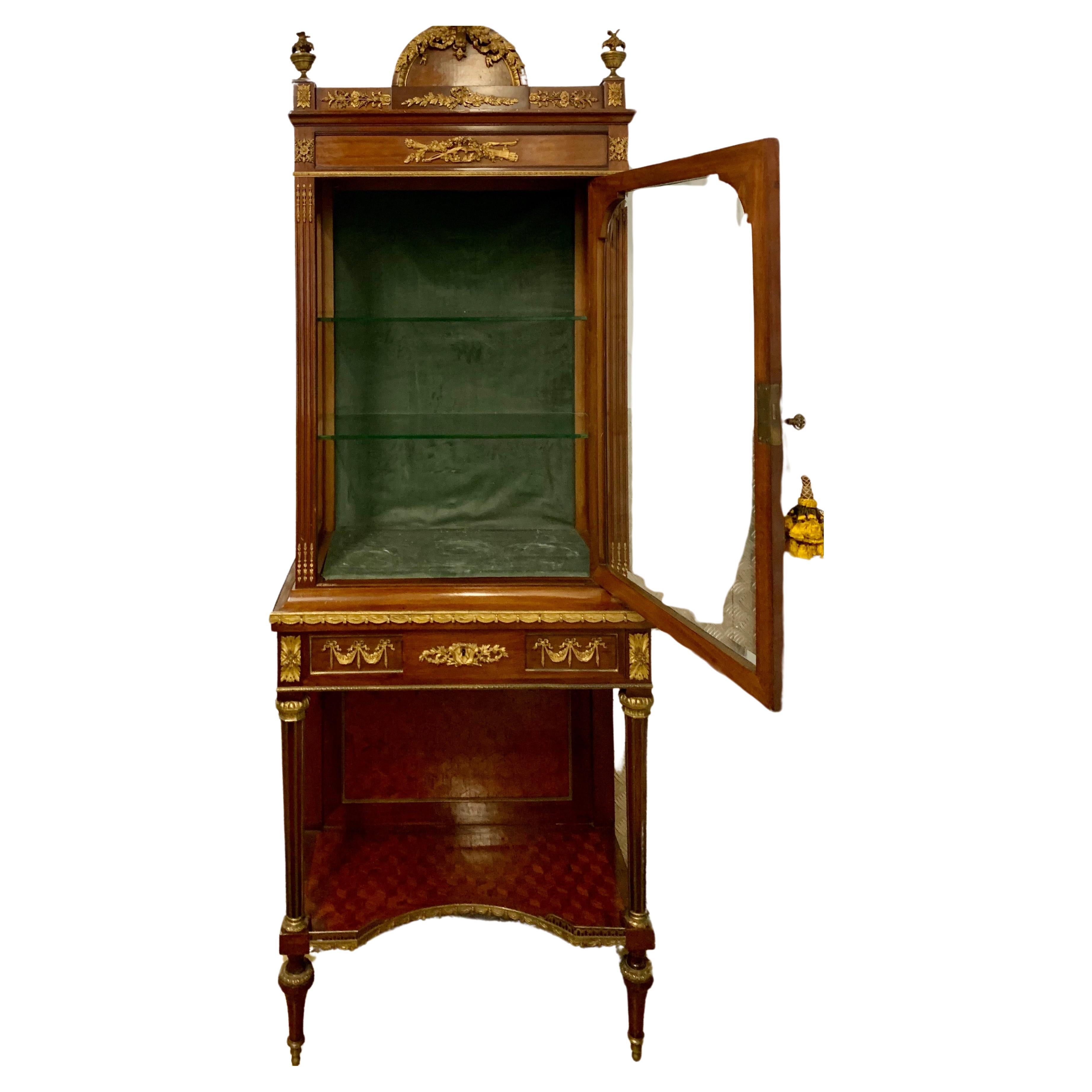 Wood French Bronze Dore Mahogany and Parquetry Vitrine on Stand For Sale