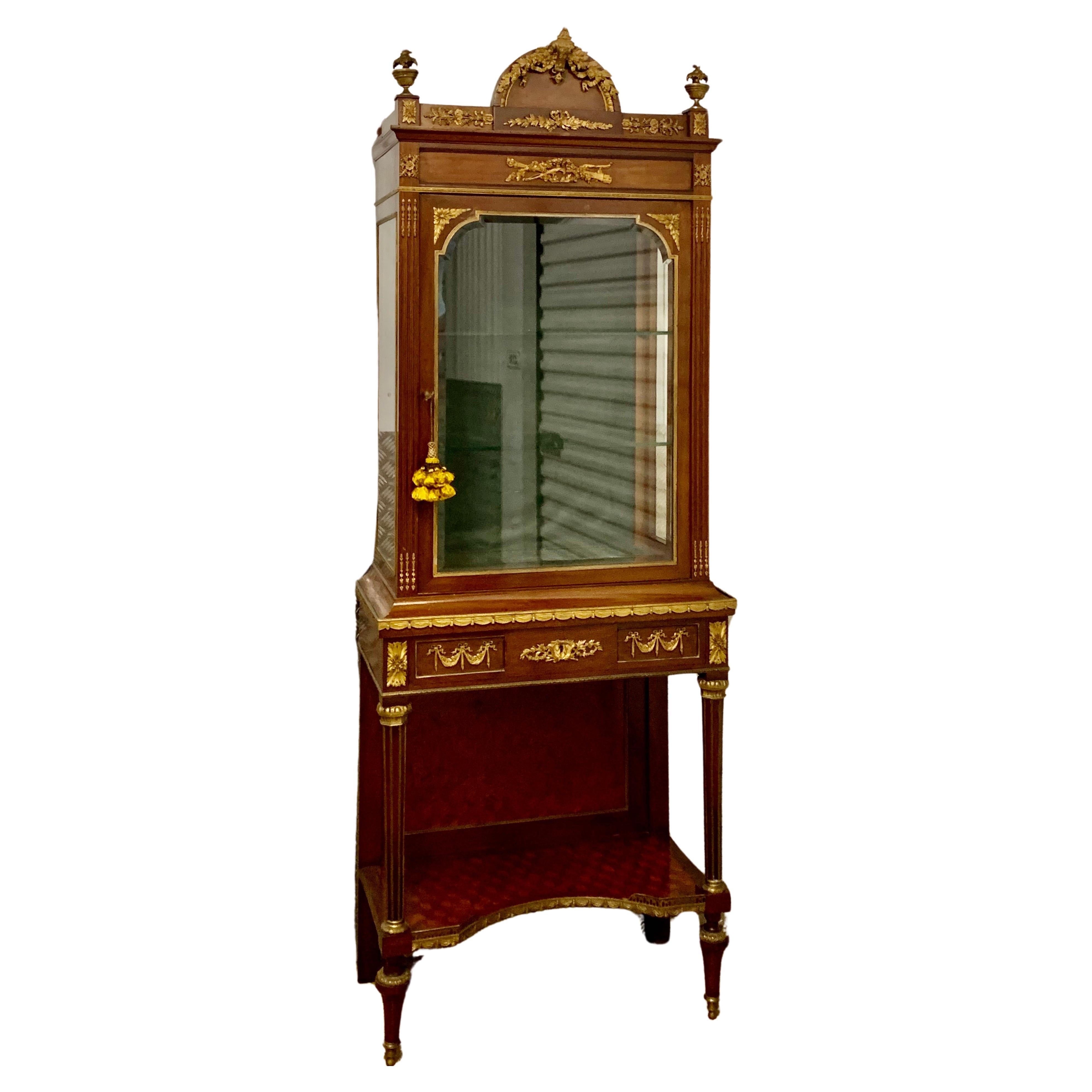 French Bronze Dore Mahogany and Parquetry Vitrine on Stand For Sale