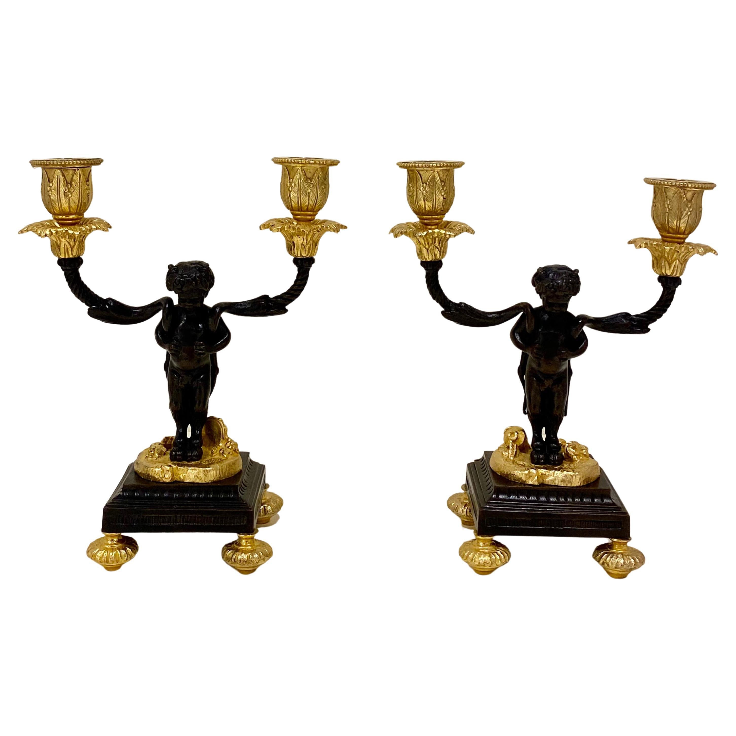 Pair Gilt & Patinated Bronze Figural Cherub Candelabra French Antique