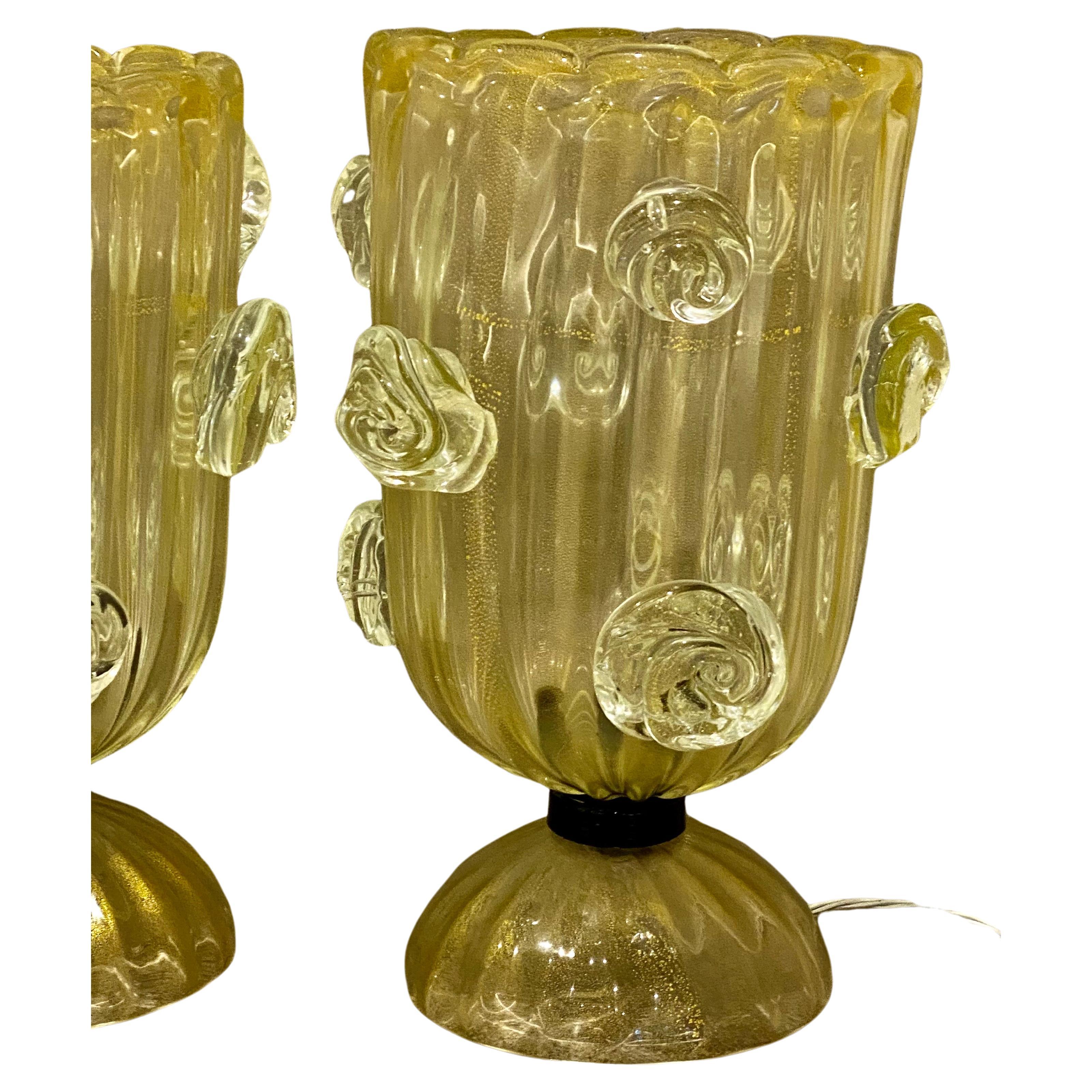 italien Grande paire de lampes de bureau Barovier & Toso en verre jaune moucheté d'or, milieu du siècle dernier