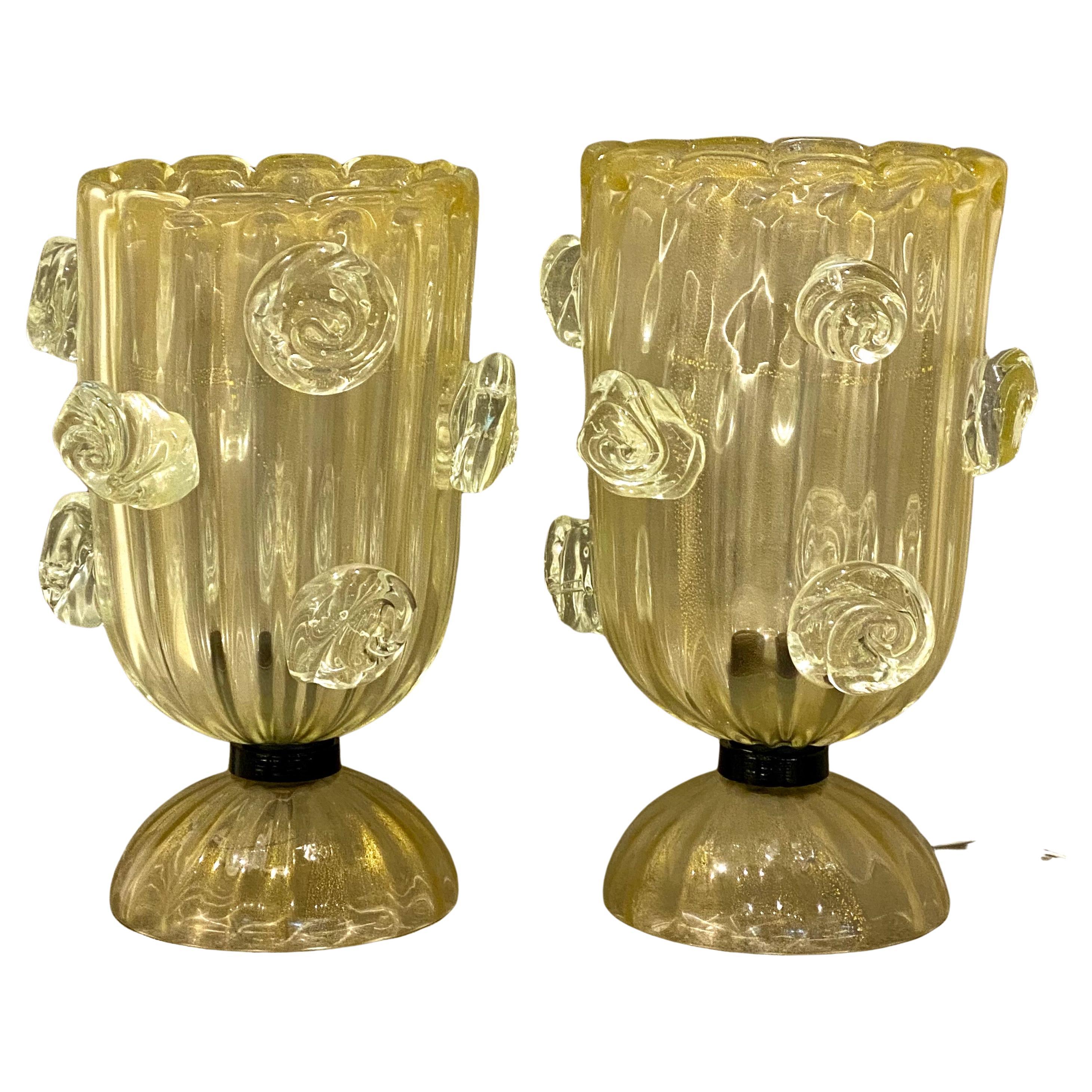 Grande paire de lampes de bureau Barovier & Toso en verre jaune moucheté d'or, milieu du siècle dernier