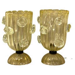 Grande paire de lampes de bureau Barovier & Toso en verre jaune moucheté d'or, milieu du siècle dernier