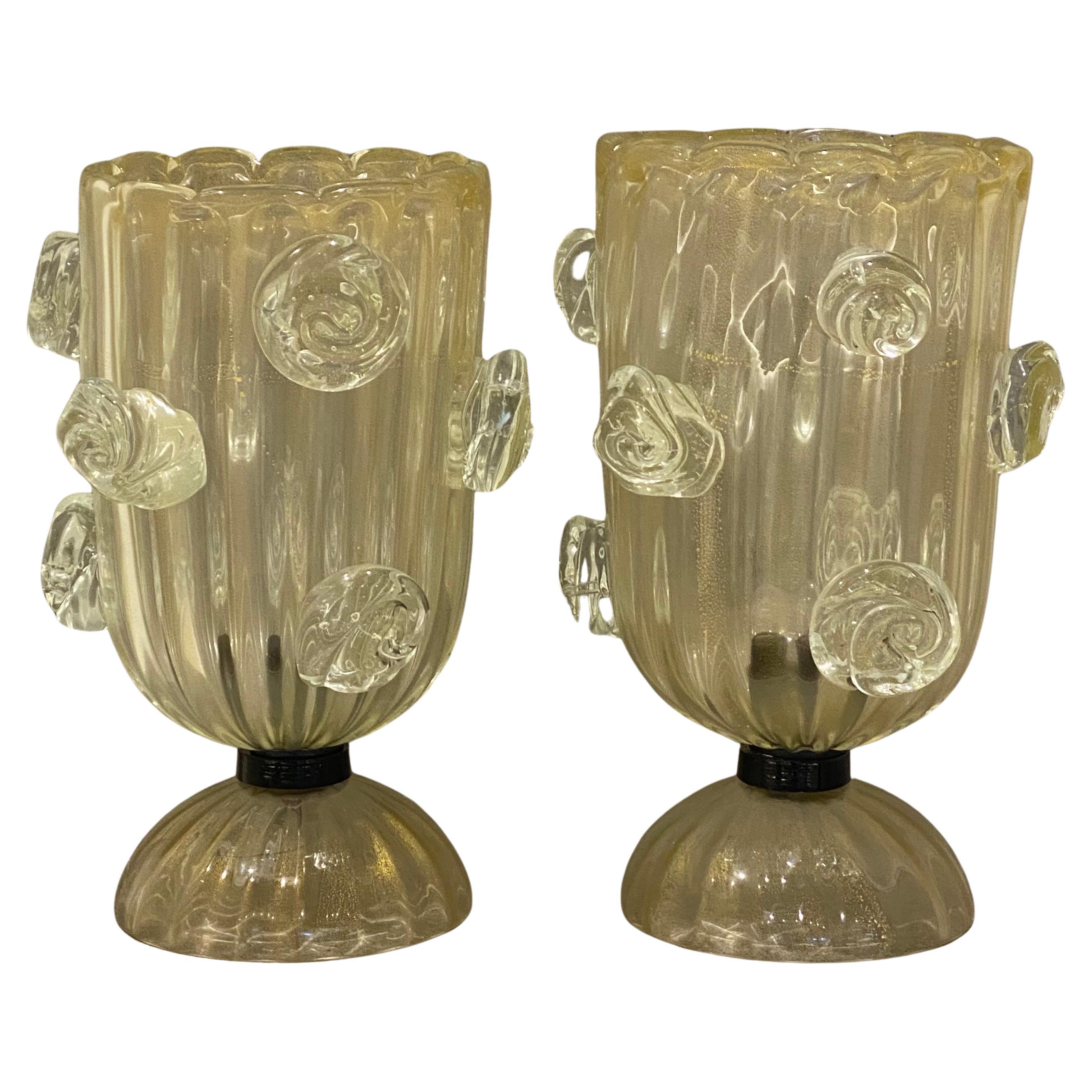 Grande paire de lampes de bureau Barovier & Toso en verre jaune moucheté d'or, milieu du siècle dernier 1