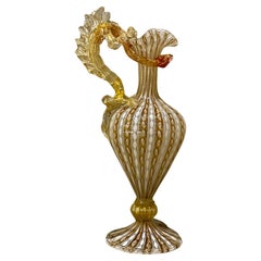 Large 19th Century Venetian Latticino Glass Claret Jug Ewer with Dragon Handle
