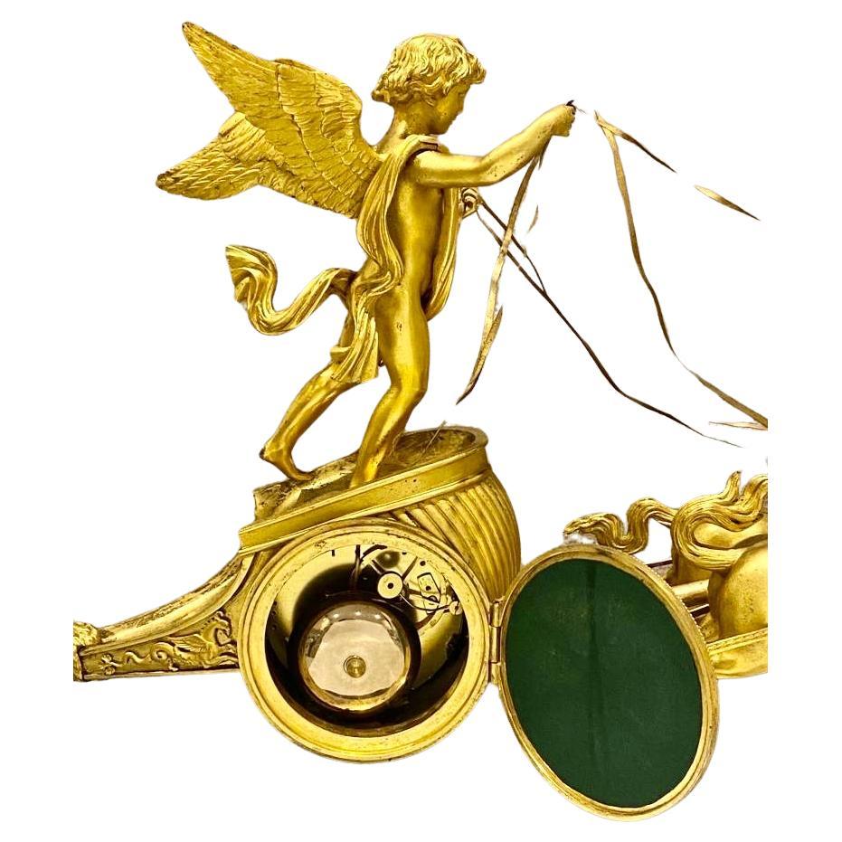 Ancienne pendule à char Napoléon III en bronze doré et marbre Verde Antico  en vente 5