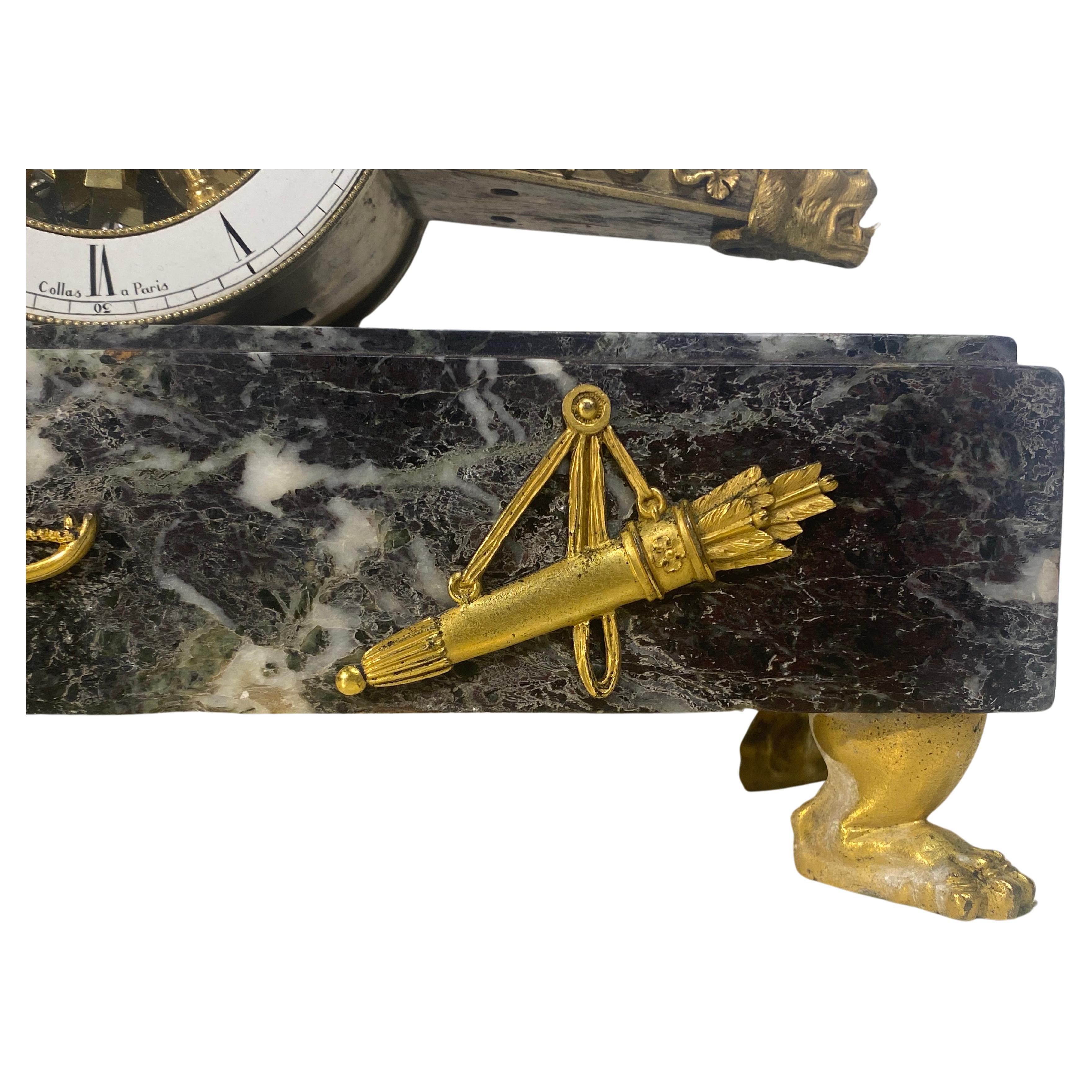 Antique French Napoleon III chariot clock in ormolu & Verde Antico marble  For Sale 2