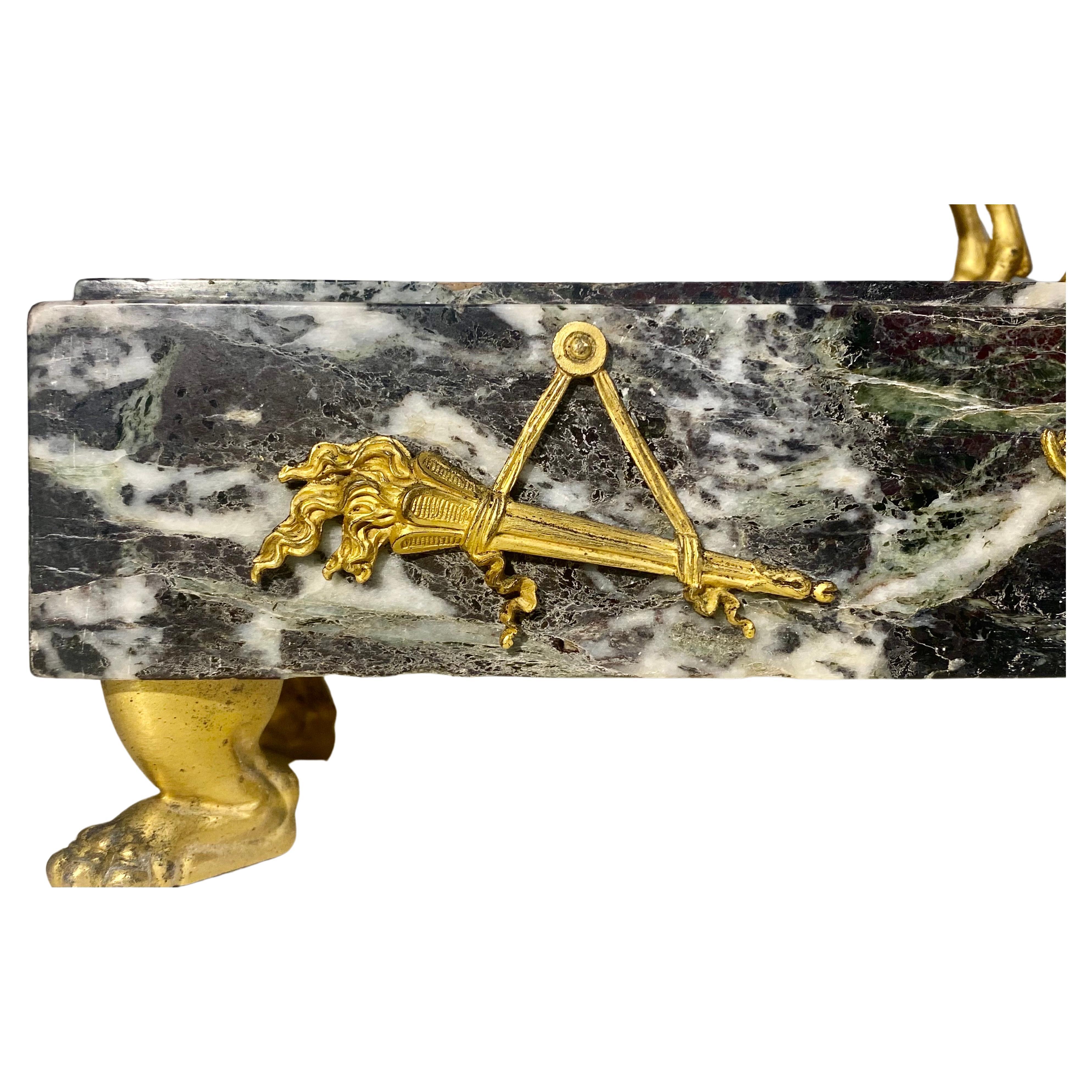 Bronze Antique French Napoleon III chariot clock in ormolu & Verde Antico marble