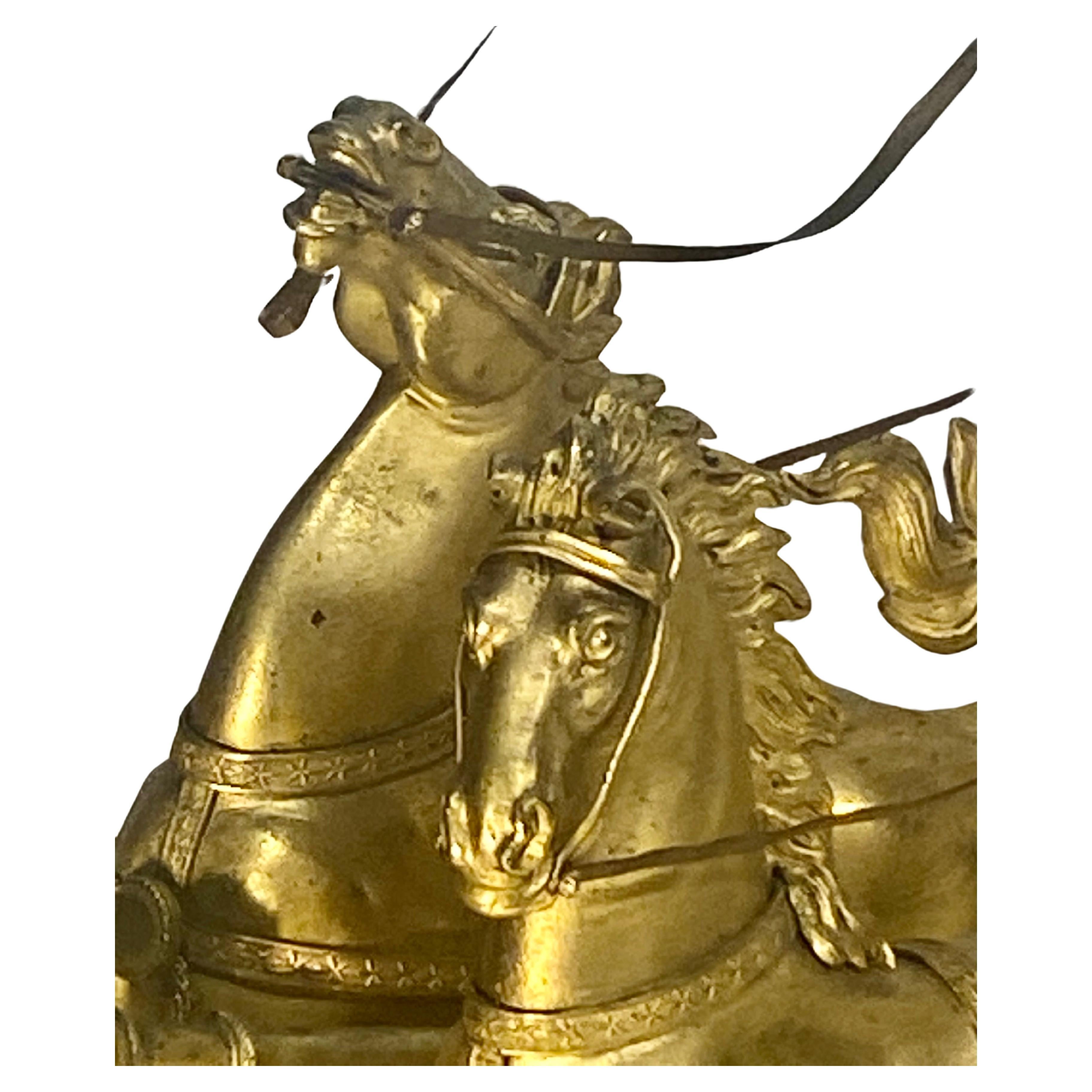 European Antique French Napoleon III chariot clock in ormolu & Verde Antico marble