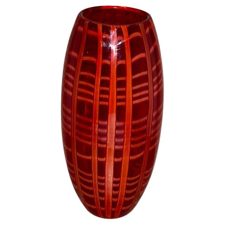 Vase designed and executed by Cenedese from the year 2002 _ 2005 
This large red crystal glass vase with fused wide light red glass bands. This vase was made only for the fashion house 