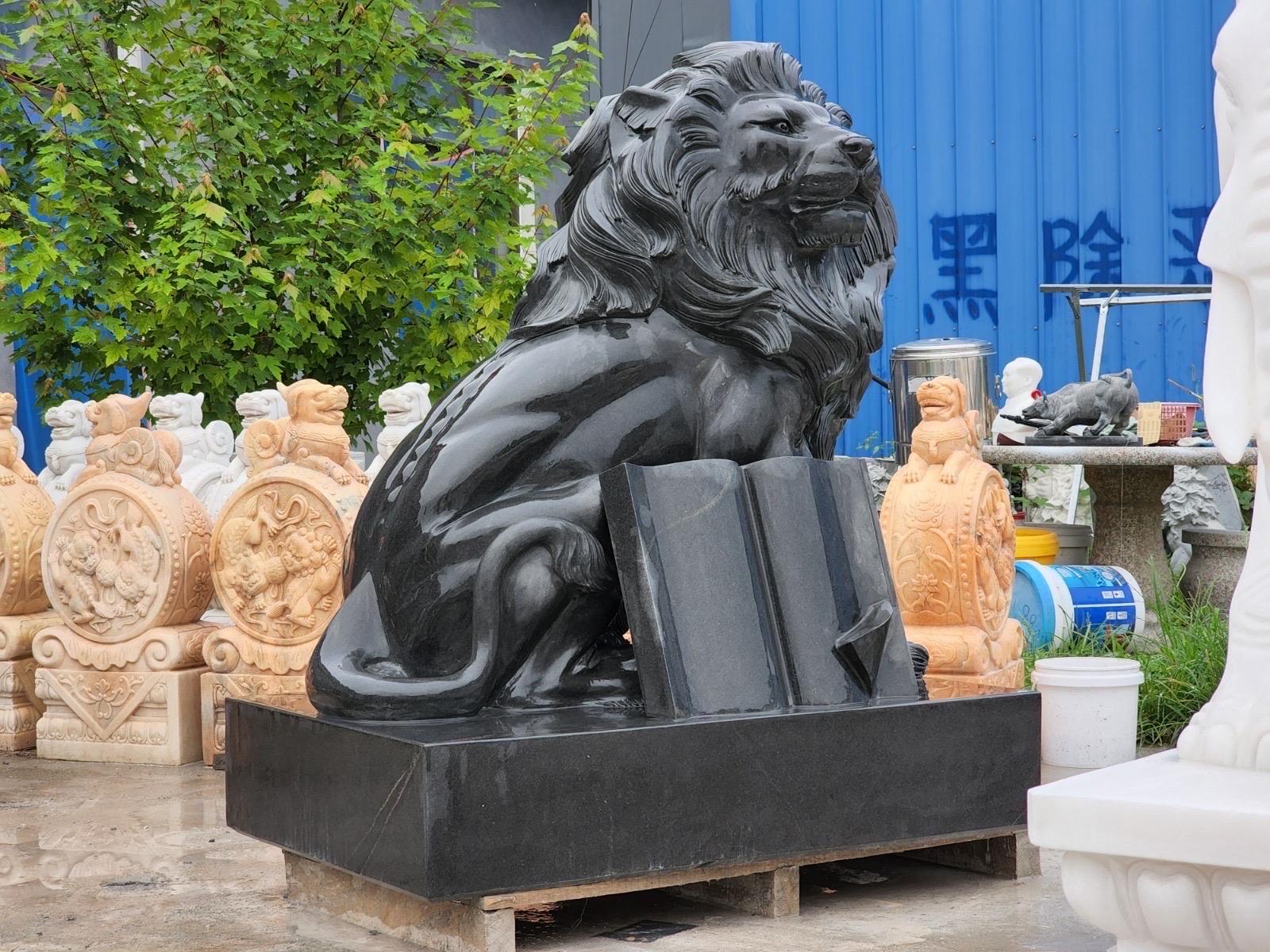 XX secolo Leone di granito nero con libro - Statua del guardiano regale in vendita