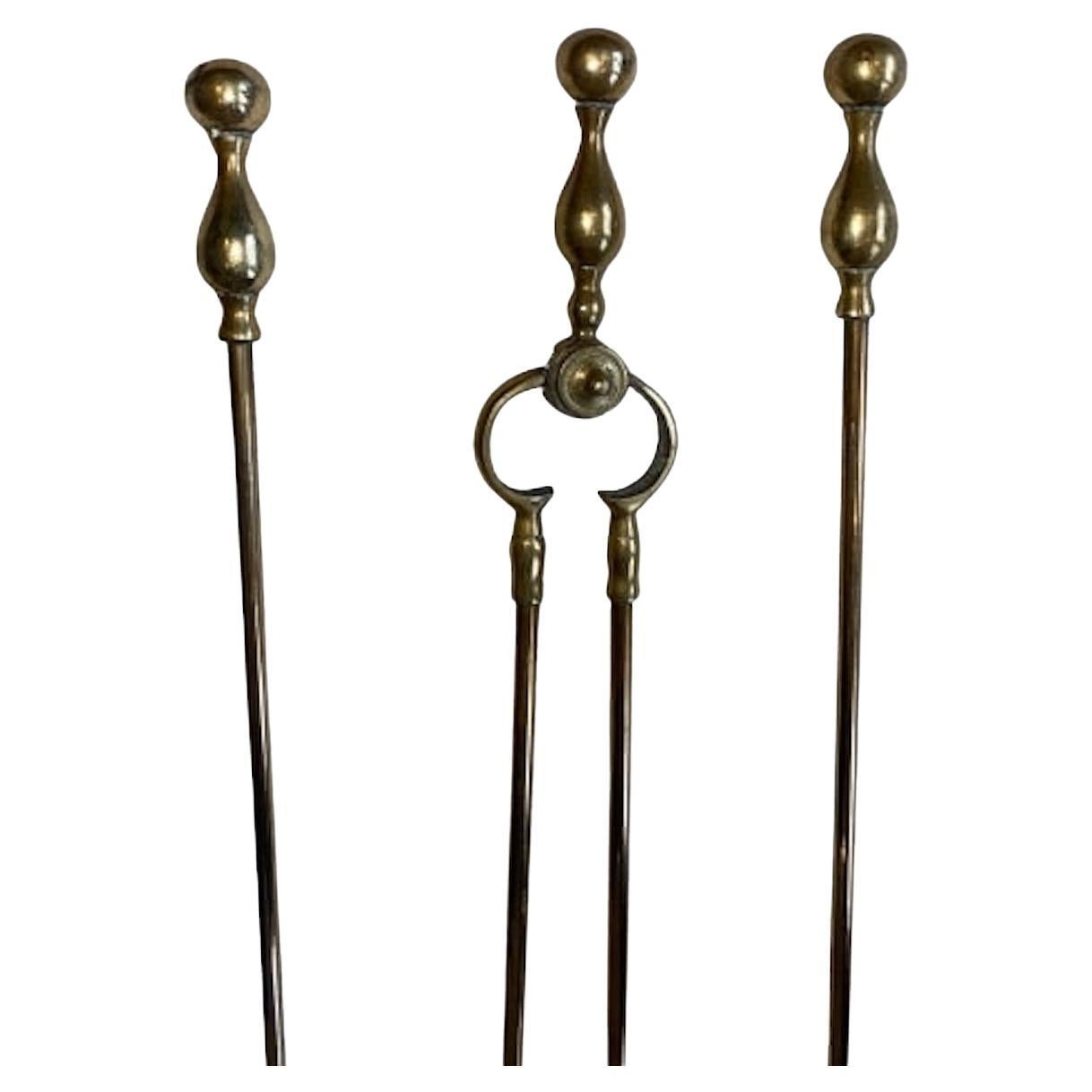 English Victorian Gothic Brass Fire Companion Set, 19th Century For Sale