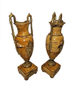 A Very Fine Pair of 19th Century Sienna Marble Urns with Gilded Bronze Mounts