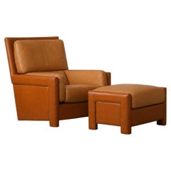 Vintage Roche Bobois Two-Tone Leather Lounge Chair and Ottoman