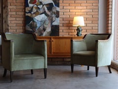 Pair of European Lounge Chairs, Moss Green, Oak Frames, Designer 1960s