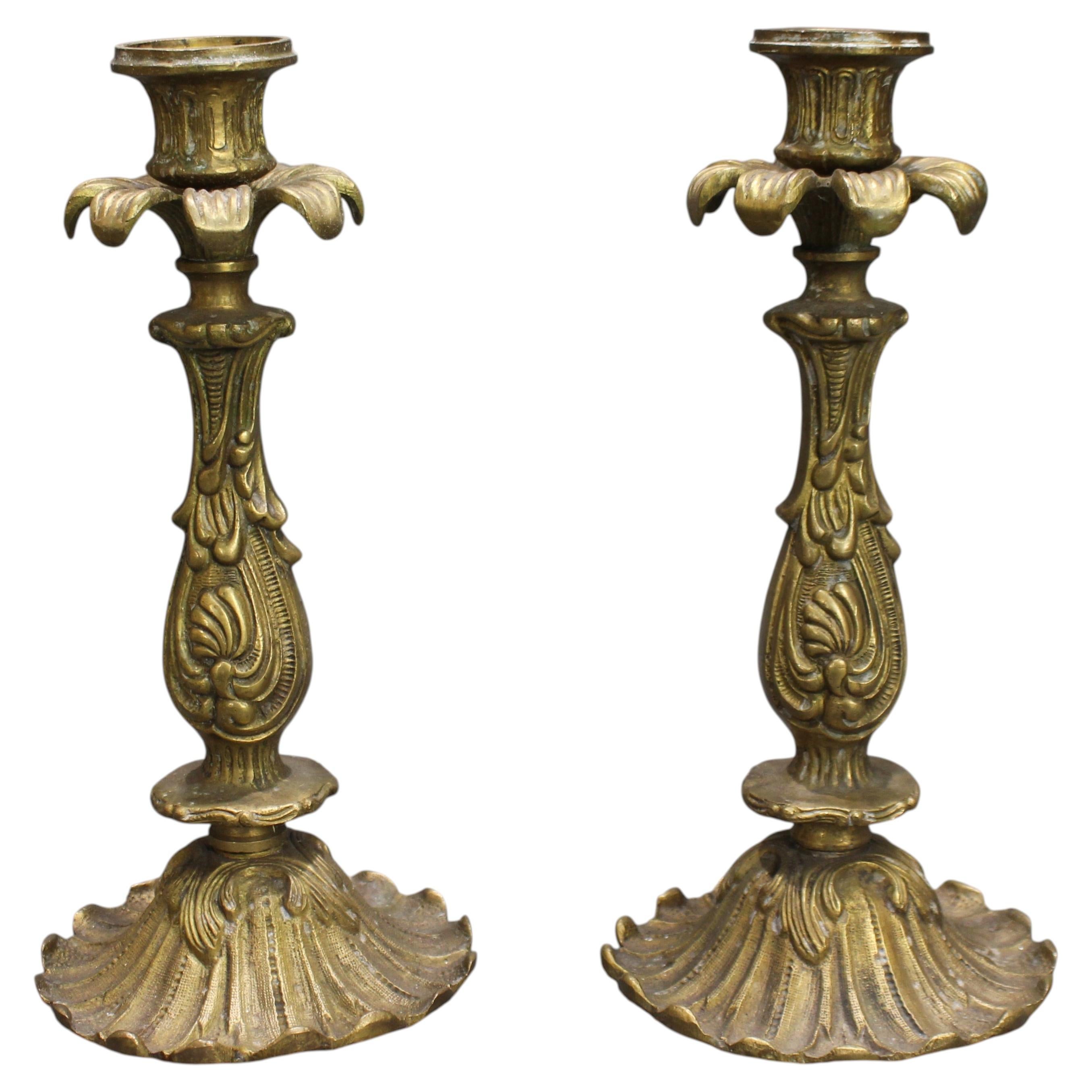 Pair of Antique Heavy Rococo Revival Brass Candlesticks c.1900 For Sale